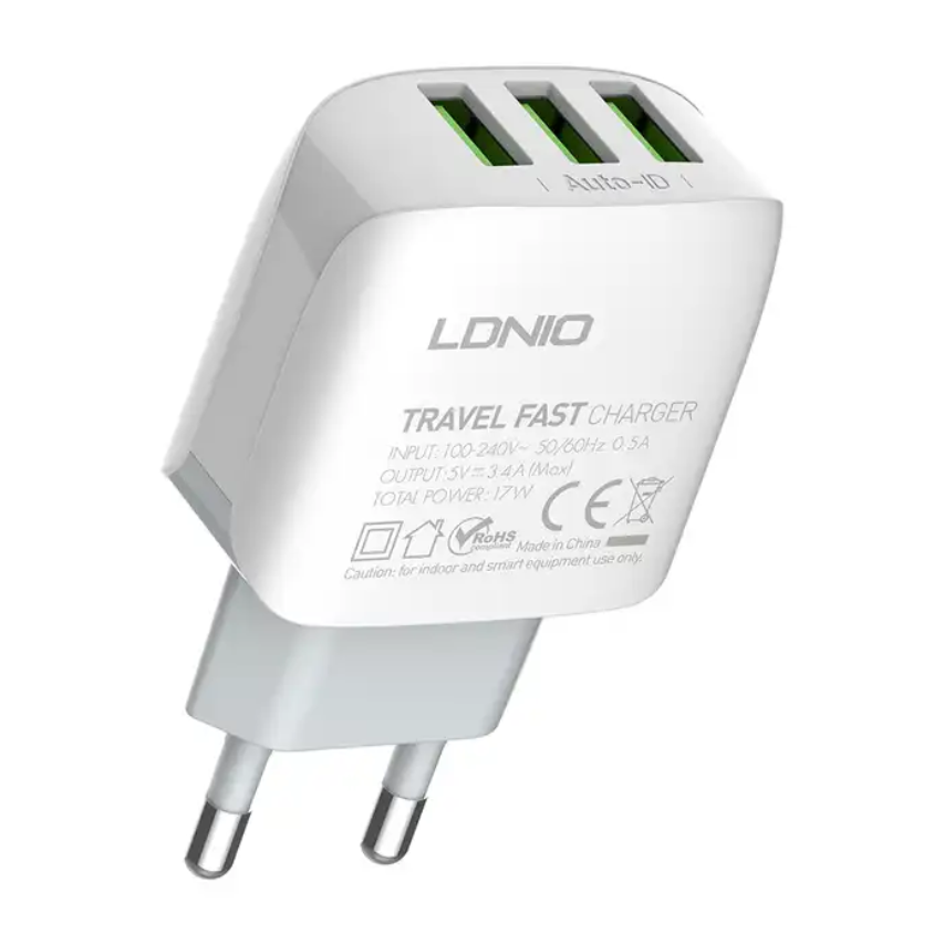 3-port 3.4A USB Multi Charger, LDNIO Auto ID Quick and Stable universal triple USB Travel Wall Charger