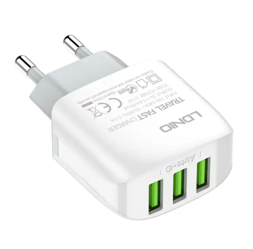 3-port 3.4A USB Multi Charger, LDNIO Auto ID Quick and Stable universal triple USB Travel Wall Charger