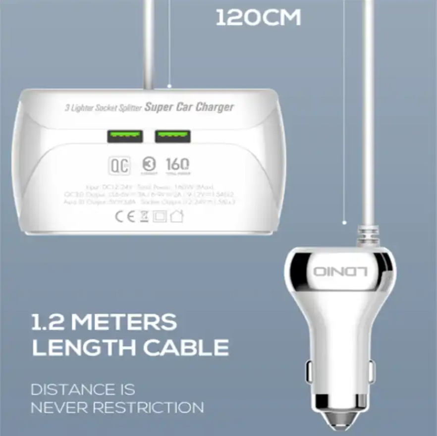 LDNIO C504 Car Charger With Dual QC3.0 Fast Charging And 3 Cigarette Lighter Holes