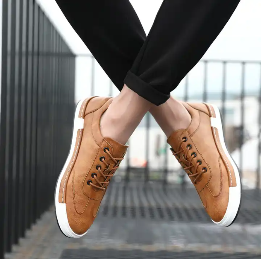 Men Casual Lace-up Pu Leather Flat Sneakers