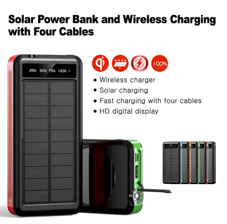 Capacity Solar Power Bank Wireless Charger With 4 Cables Charger For Outdoor Camping