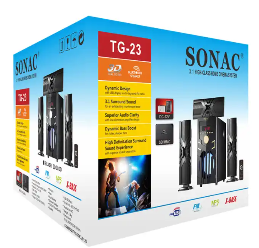 SONAC TG-23 New Wireless Connection Smart Phone Support AC/DC Power USB SD Card FM Radio 3.1 Home Theatre Speaker