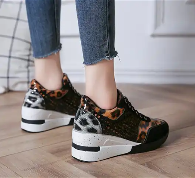 Women Summer Sneakers Wedge Heel Lace Up Leopard Shoes