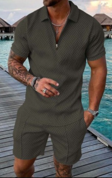 Patchwork Short Sleeve Polo Shirt Shorts Male Slim Fit Suit