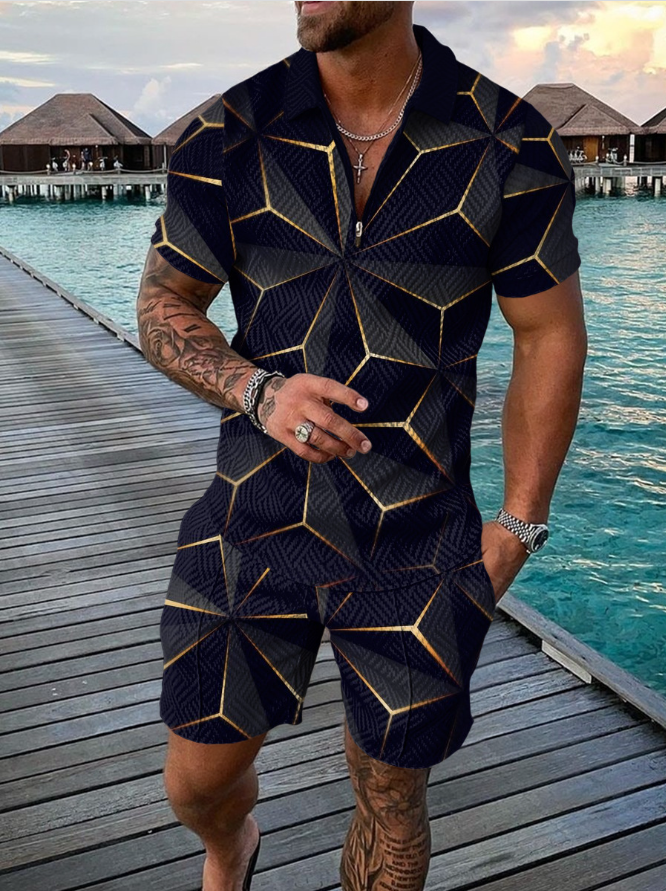 Patchwork Short Sleeve Polo Shirt Shorts Male Slim Fit Suit