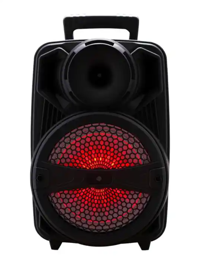 Portable Wireless Party Speaker: Shimmering LED Lights, 8" Driver + Tweeter, Karaoke Microphone, Carrying Handle, Remote