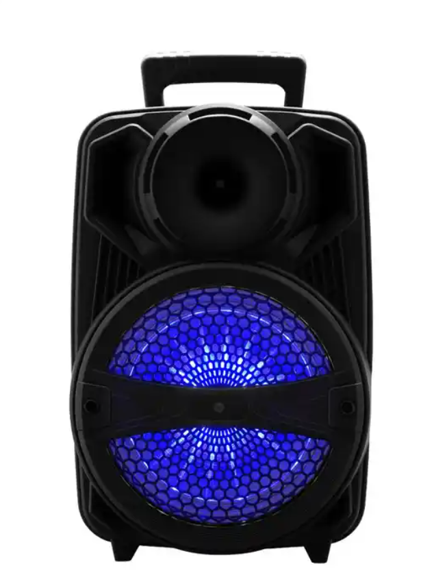 Portable Wireless Party Speaker: Shimmering LED Lights, 8" Driver + Tweeter, Karaoke Microphone, Carrying Handle, Remote