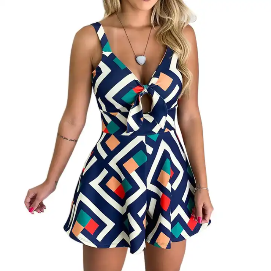 Sling Chest Bow Tie Print Loose  Jumpsuits