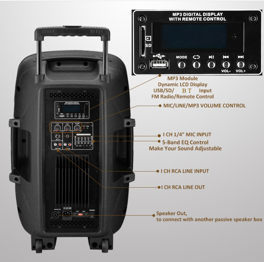 Portable PA System , BT Recharged Portable Speaker With Handle And Wheels