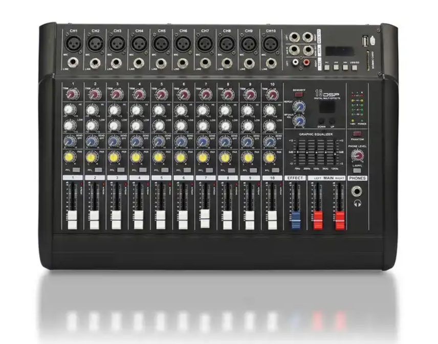 Professional 10-Channel Mono Audio Mixer, Phenyx Pro Sound Card with 5-Band EQ, Built-in Effects, BT Function, USB