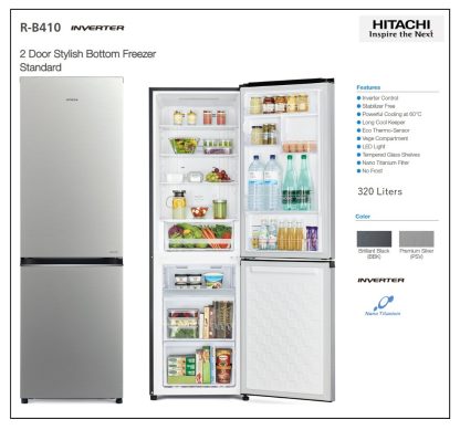 RB410PUN6PSV HITACHI Fridge 320 LITERS BOTTOM FREEZER  - PREMIUM SILVER