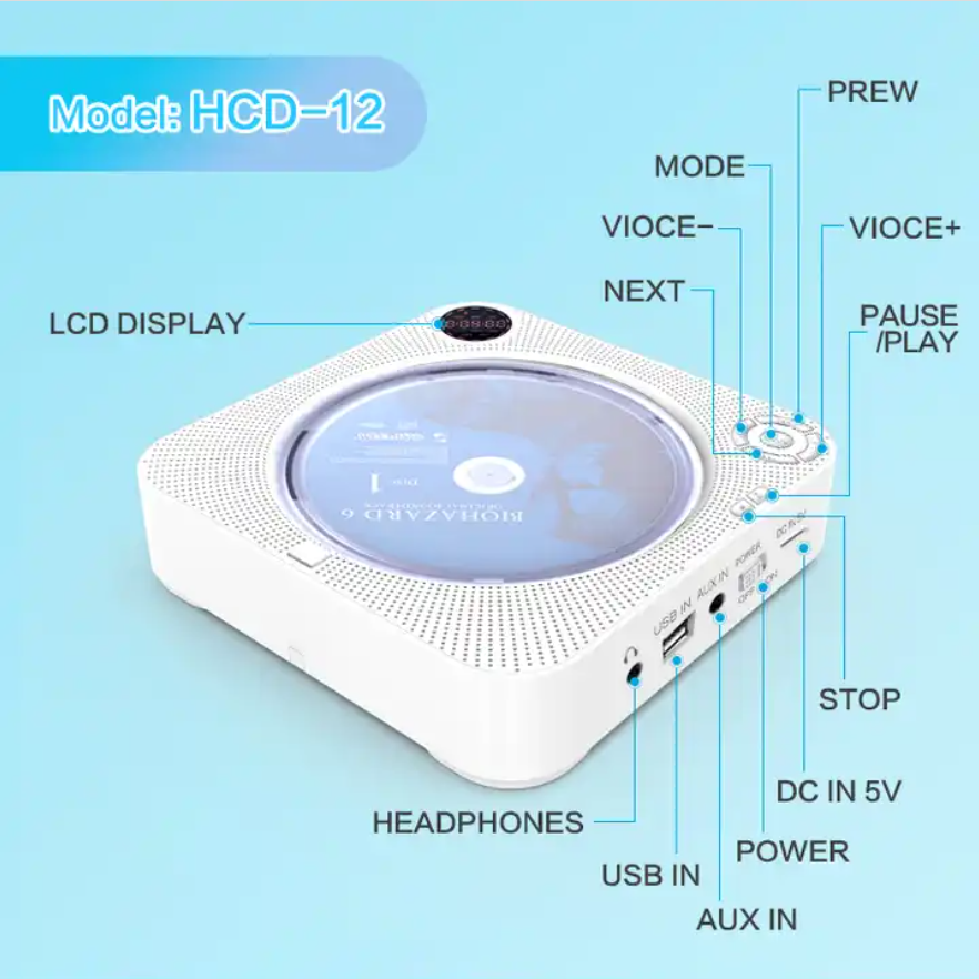 Portable CD Player with Bluetooth 5.0 Receiver Large Sound Output Support MP3 Playback FM Radio USB2.0 Interface