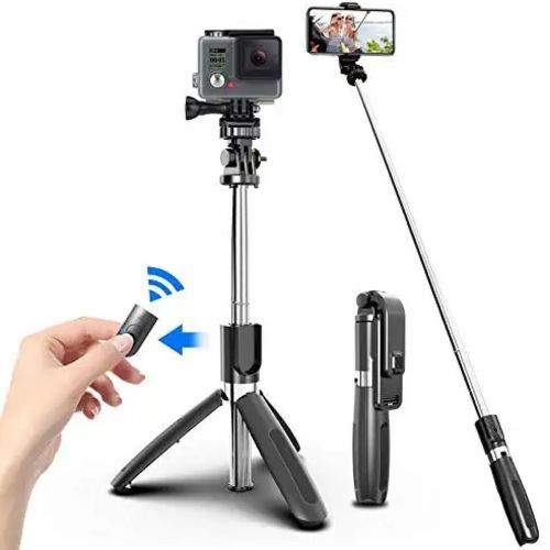 4 in1 Wireless Selfie Stick with Bluetooth Remote and Mobile Tripod, Black.