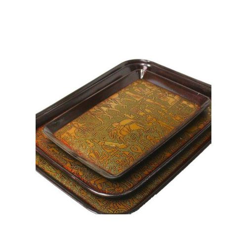 Set Of 3 Non Slide Rubber Serving Trays -Gold