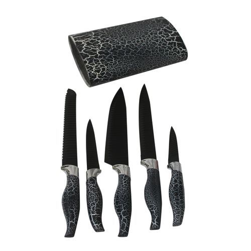 6 Piece Non Stick Knife Set On A Wooden Stand-Black. 