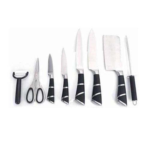 9 Pcs Kitchen Knife Set with 360° Rotating Acrylic Stand, Black. 