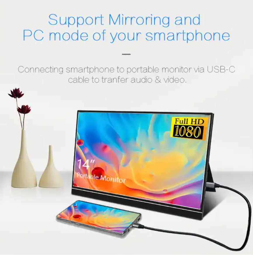 14 inch Super Thin Portable Monitor , Support USB C HDMI HDR 1080P IPS Screen