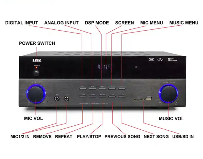 LX-Dsp02 Hi-Fi High End Quality BT Aux Tuner Optical Transistor Amp Dsp Karaoke Amplifier