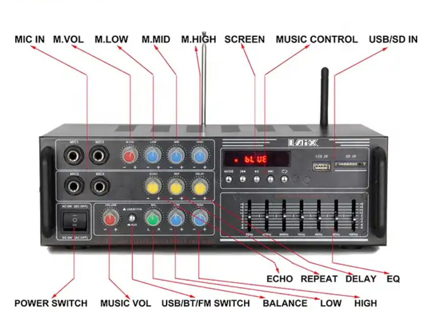 LX-777 VHF UHF Microphone DVD Panel HF Transformer Music Power EQ Amplifier