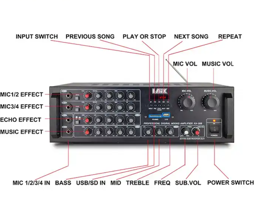 KA-588 High-End Microphone Vhf Uhf Hi-Fi Church Bgm Optical Coaxial Input Karaoke Audio Amplifier