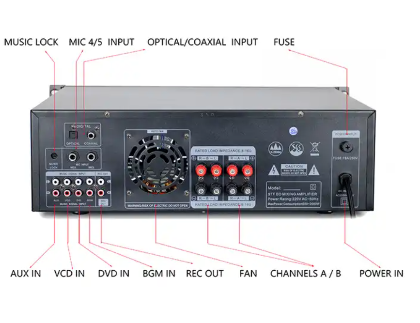 LX-390 Professional Broadcast Amplifier 200W 8 Ohm 2 Channels support BT USB SD FM MIC with Coaxial and optical input