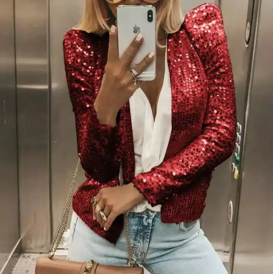 Women's Fashion Stand-up Collar Sequin Coat , Short Casual Small Blazer Jacket