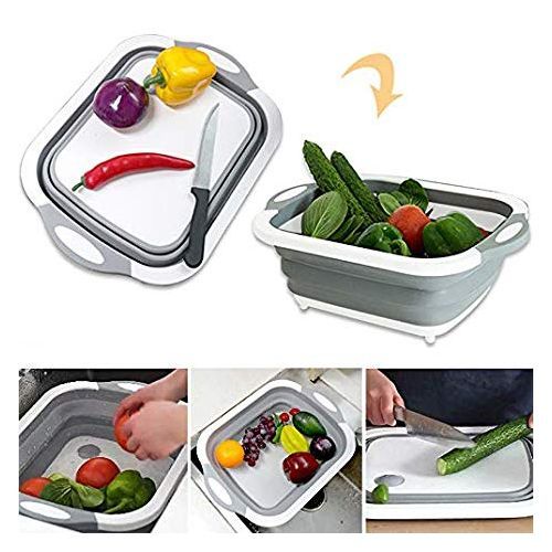 Collapsible Dish Tub Basin Cutting Chopping Board Colander, Vegetable Fruit Wash Drain Sink Storage Basket- Grey