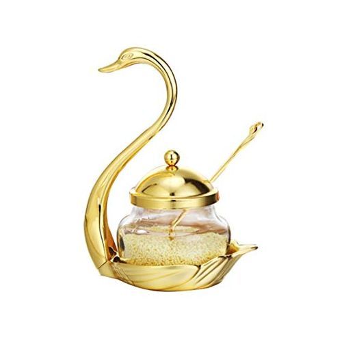 Sugar Bowl /Salt Glass Jar With Serving Spoon - Gold