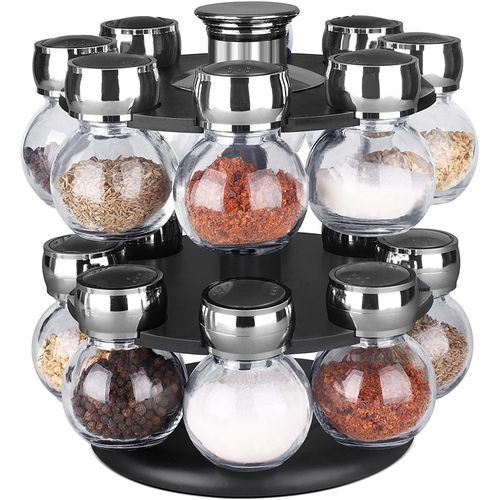 16pc Revolving Jar Kitchen Herbs & Spice Rack Countertop Storage Organizer-Clear.