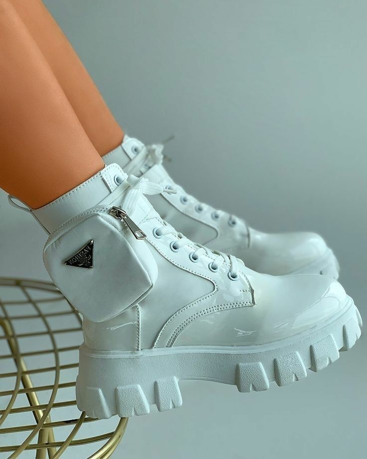 Fashion white monolith leather and re-nylon boots with pouch lace up