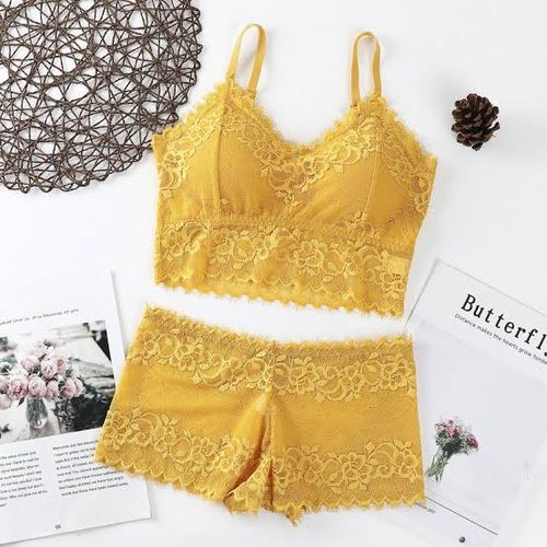 Wireless Lace Bra And Niker Underwear Seamless Lingerie (yellow)