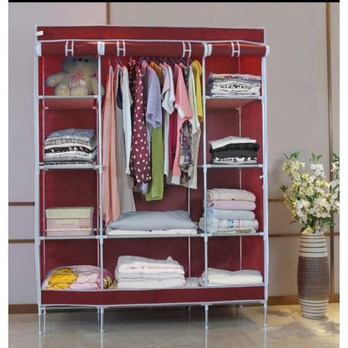 3 Column Cloth & Wooden Wardrobe ( Not Assembled) -Maroon