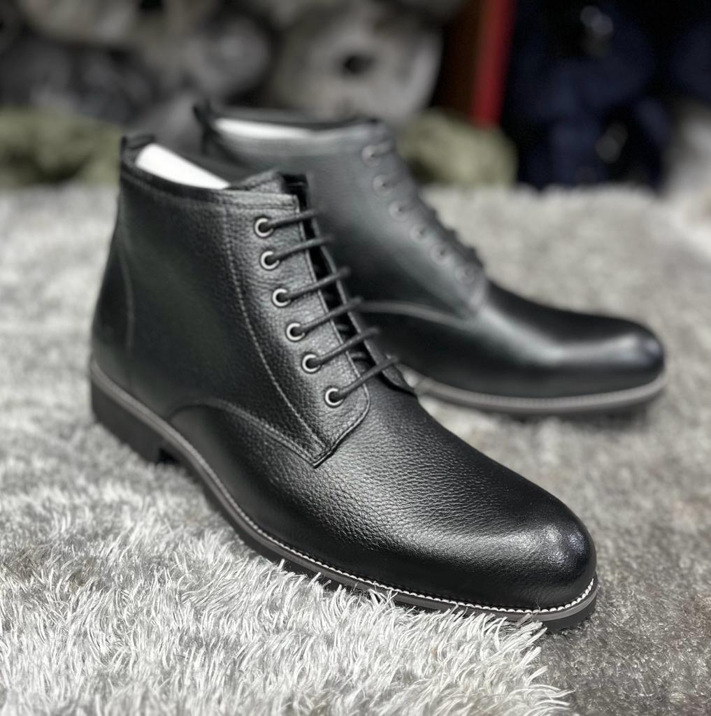 Men Designer Leather Lace-up Boot - Black