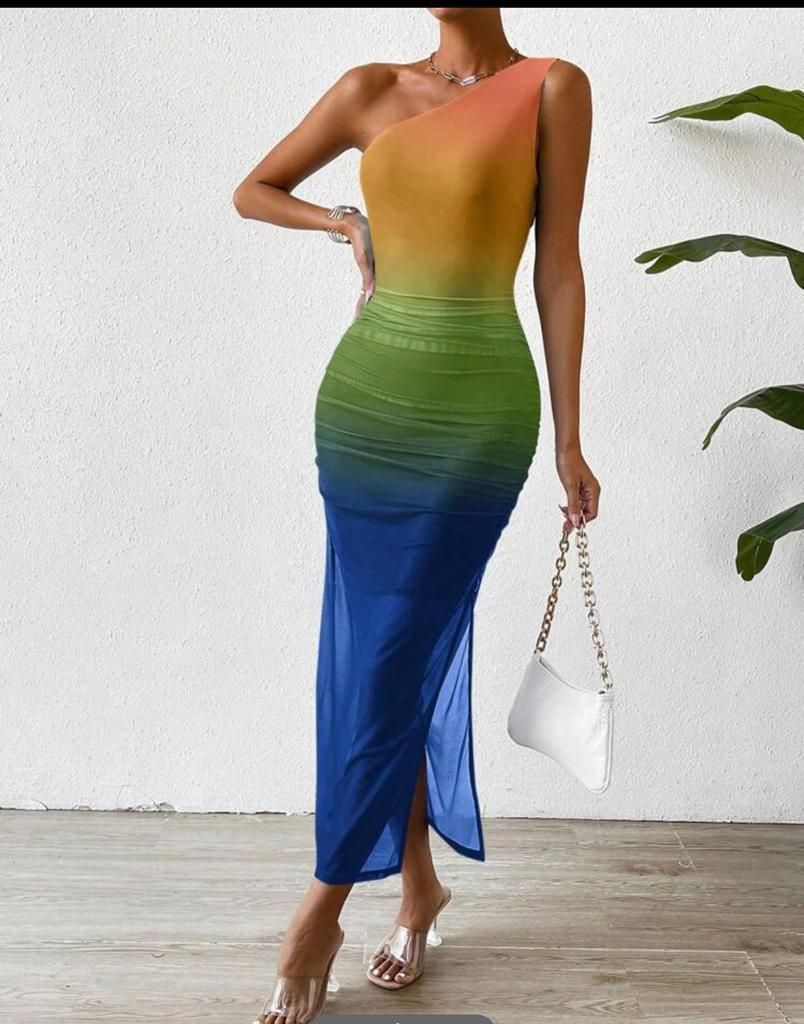 Ombre one shoulder split thigh dress