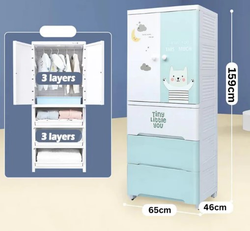 6 Layer Thickened Fibre Plastic Cupboard, Storage Drawers Baby Cabinet - Blue and White