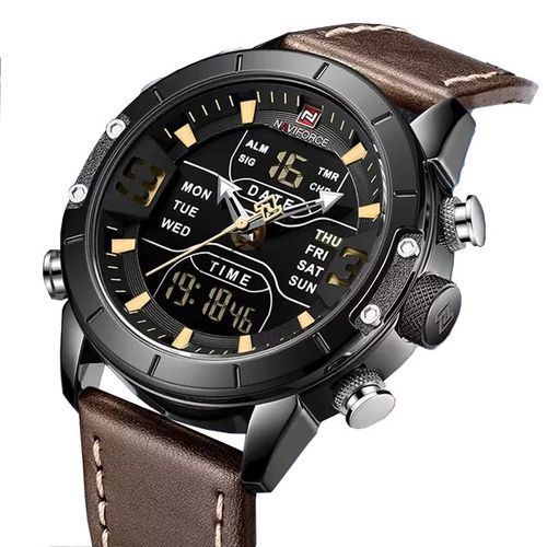 Naviforce Leather Digital And Analog Mens Water Proof Watch - Brown