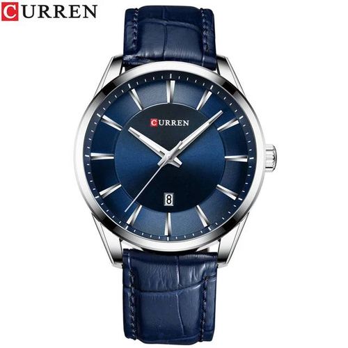 Quartz Man Wristwatch Watch For Male With Leather Strap - Blue