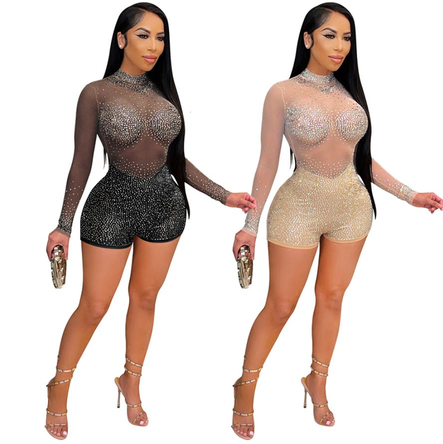 Club Fashion Women Clothes Party Diamond Transparent Shorts Jumpsuits Romper