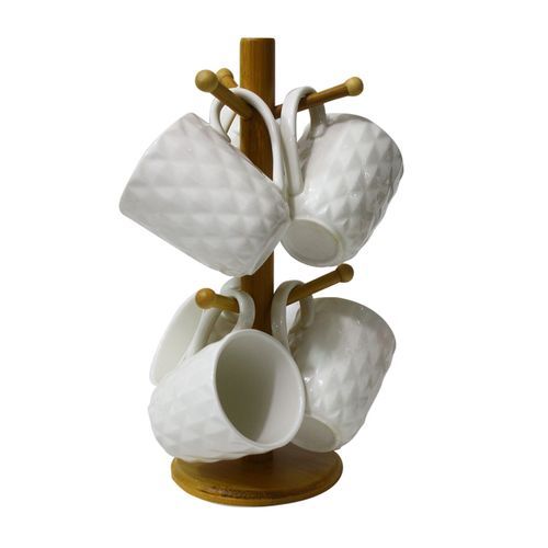 6pc Tea Cups on a Branch Wooden Stand - White,Brown