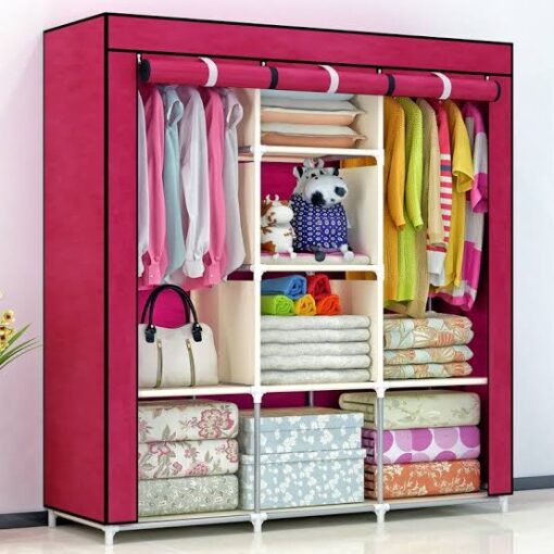 3 Column Cloth Portable Wardrobe - Pink. 