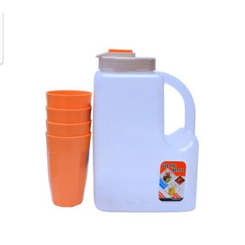 Plastic Water Fridge Bottle with 4 Glasses, 4L - Orange