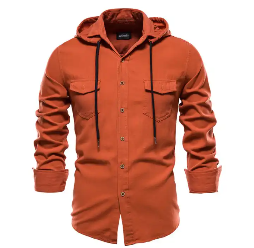 US Size Cotton Long Sleeve Men Slim Shirt With Hood