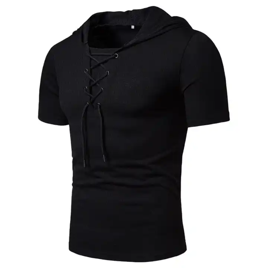 Hooded Tees Lacing Short Sleeve T-Shirt Slim Fit Clothing Mesh Tee Shirt