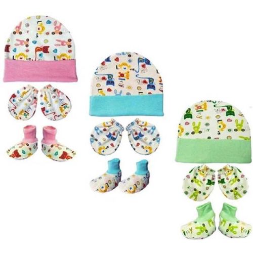 3Pcs Baby Cotton Cap,Mitten & Booties Set -Multiple Designs