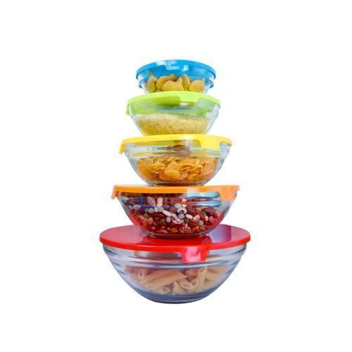 5Pcs Glass Cooking Bowl Set - Colour Of Lid May Vary