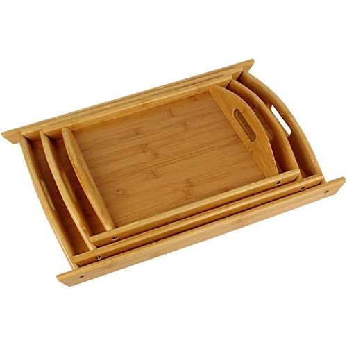 3 Piece Heavy Bamboo Wooden Serving Trays - Brown