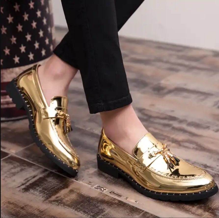 Retro Men Leather Shoes, Slip-on Sequined Tassel Men Dress Loafers Luxury Nightclub Shoes