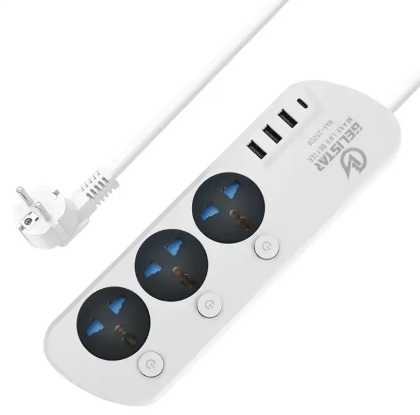 2M Multifunction universal 3 way outlet 4 USB PD Charging Port surge protect power strip supply cable extension socket