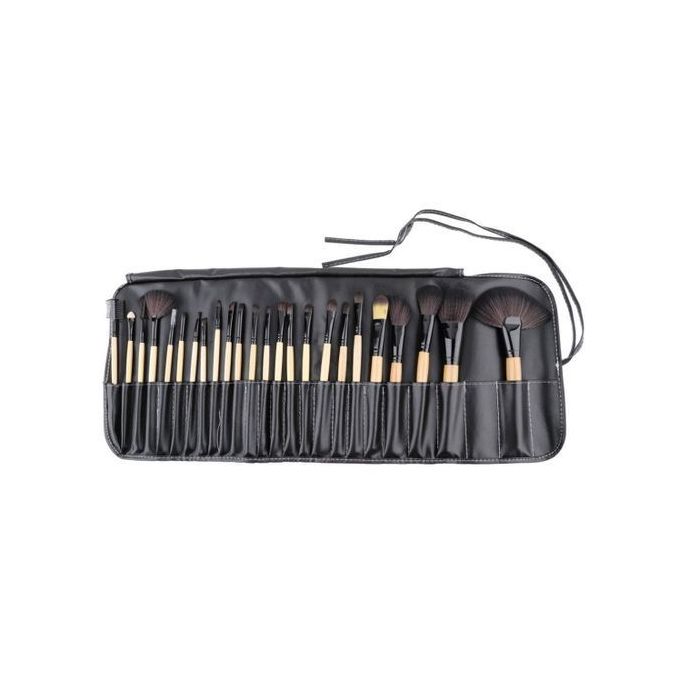 24 PCS Horse Hair Wooden Handle Cosmetic Brush Set With Black Leather Bag