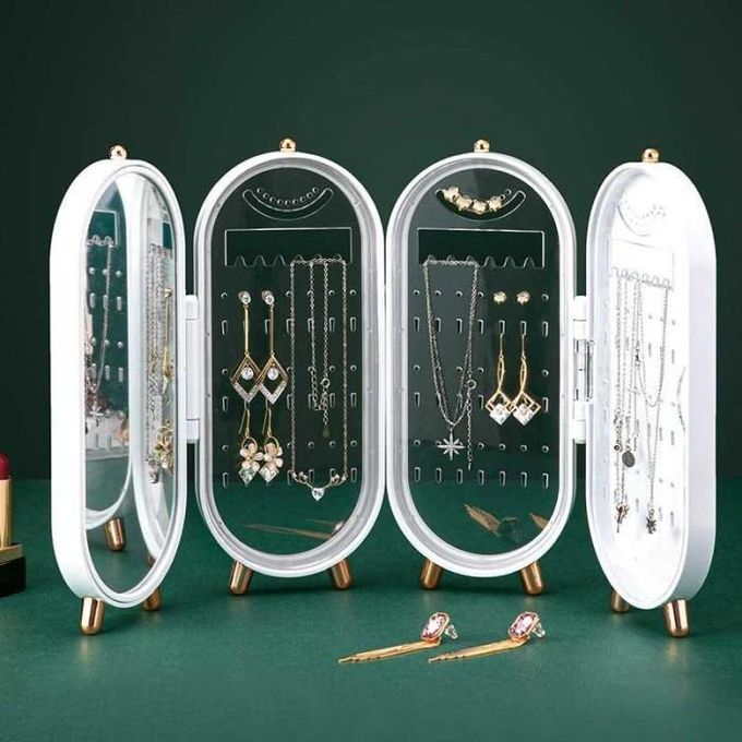 Organizers with Mirror, Large Capacity, Dust-proof jewelry Box with 4-row Display Rack, Pearl White & Morandi, 9.3 x4.5x 2.6 inches (Pearl White)